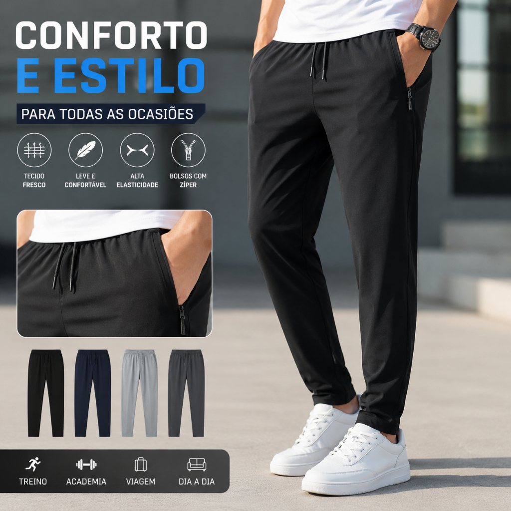 Calça Drifit Masculina Jogger de Poliamida com Elastano Bolsos Zíper Cintura Elástica Confortável
