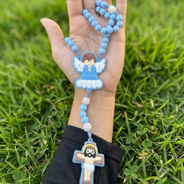 Terço Infantil Personalizado em Silicone e Linha Branca - Lembrancinha Batizado e Primeira Comunhão