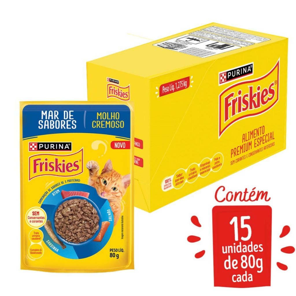 Ração Úmida PURINA FRISKIES® MOLHO CREMOSO para Gatos Adultos Mar de Sabores 80g - 15 Unid.