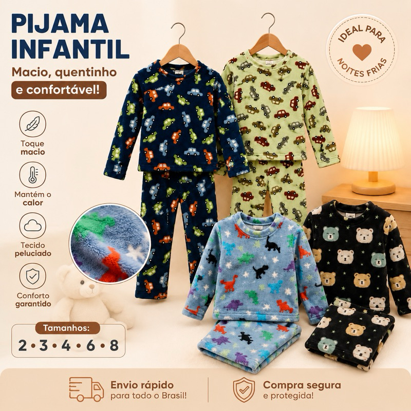 Pijama Menino e Menina Flecer Peludinho Inverno Roupa para Dormir Confortável e Estampas Sortidas.