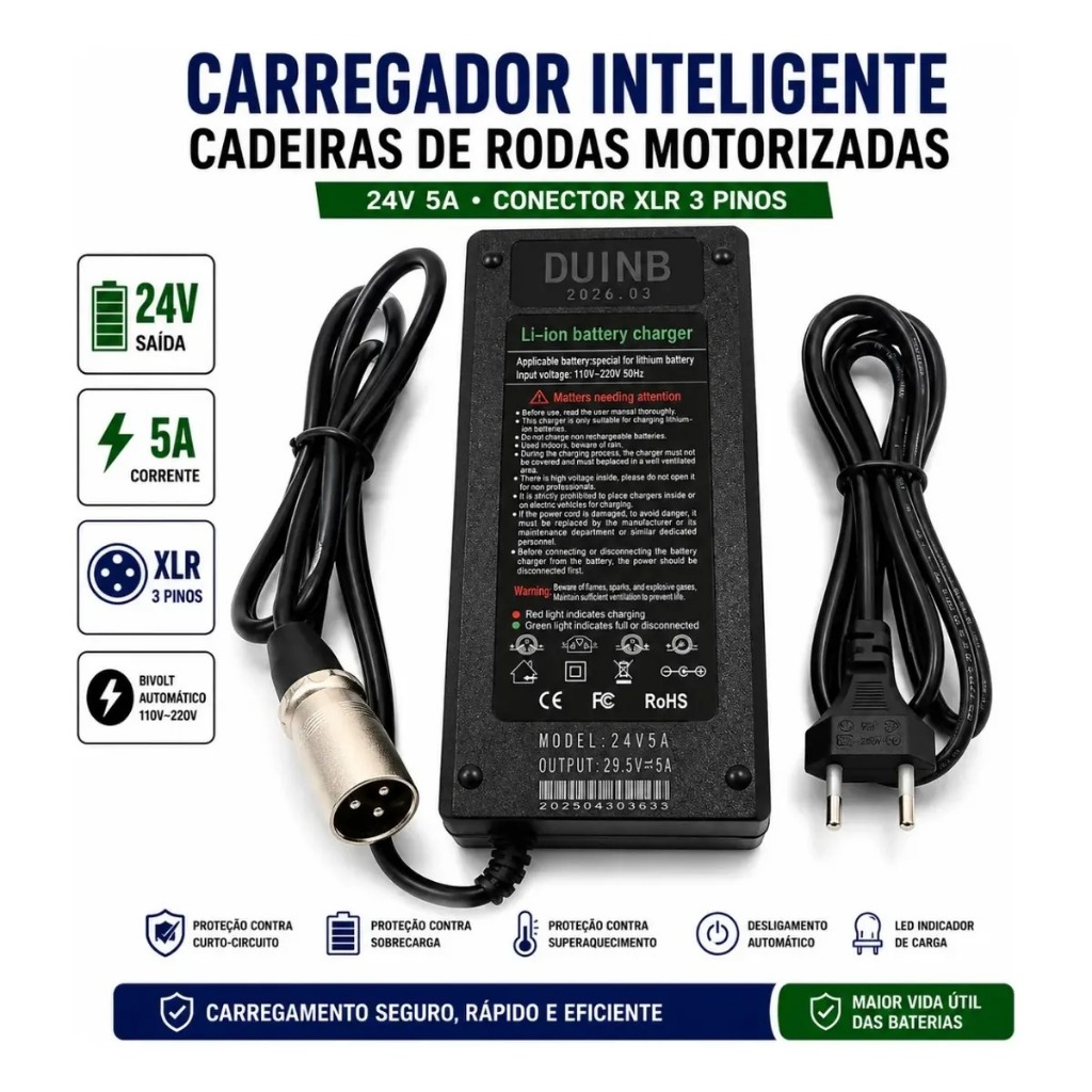 Carregador fonte Duinb 24v 5a Xlr Cadeira De Rodas Motorizada