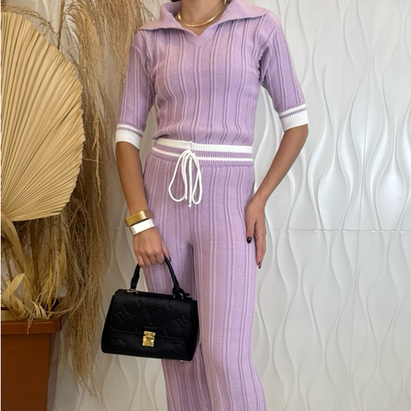 Conjunto Feminino Tricot Modal Blusa Gola Polo Calça Wide Leg com Cordão Detalhes em Listras Aerolook