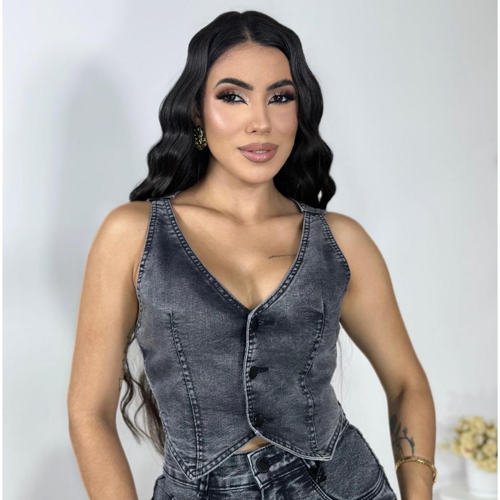 Colete Jeans Feminino Adulto Grafite ou Azul Acinturado Botões Moda Casual Premium P M G GG plus size