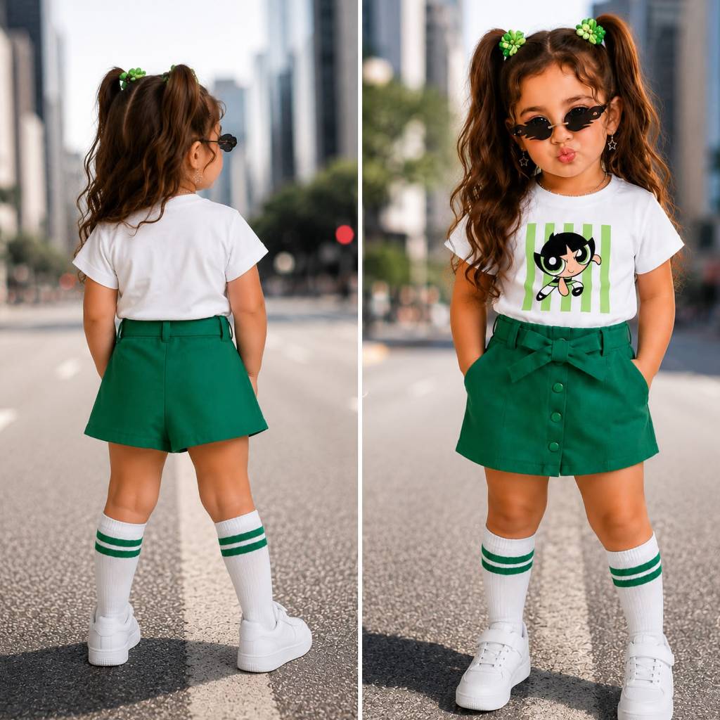 Conjunto infantil MENINAS SUPER PODEROSAS Blusa T-shirt algodão + Short Saia infantil de linho - Camiseta Personagem