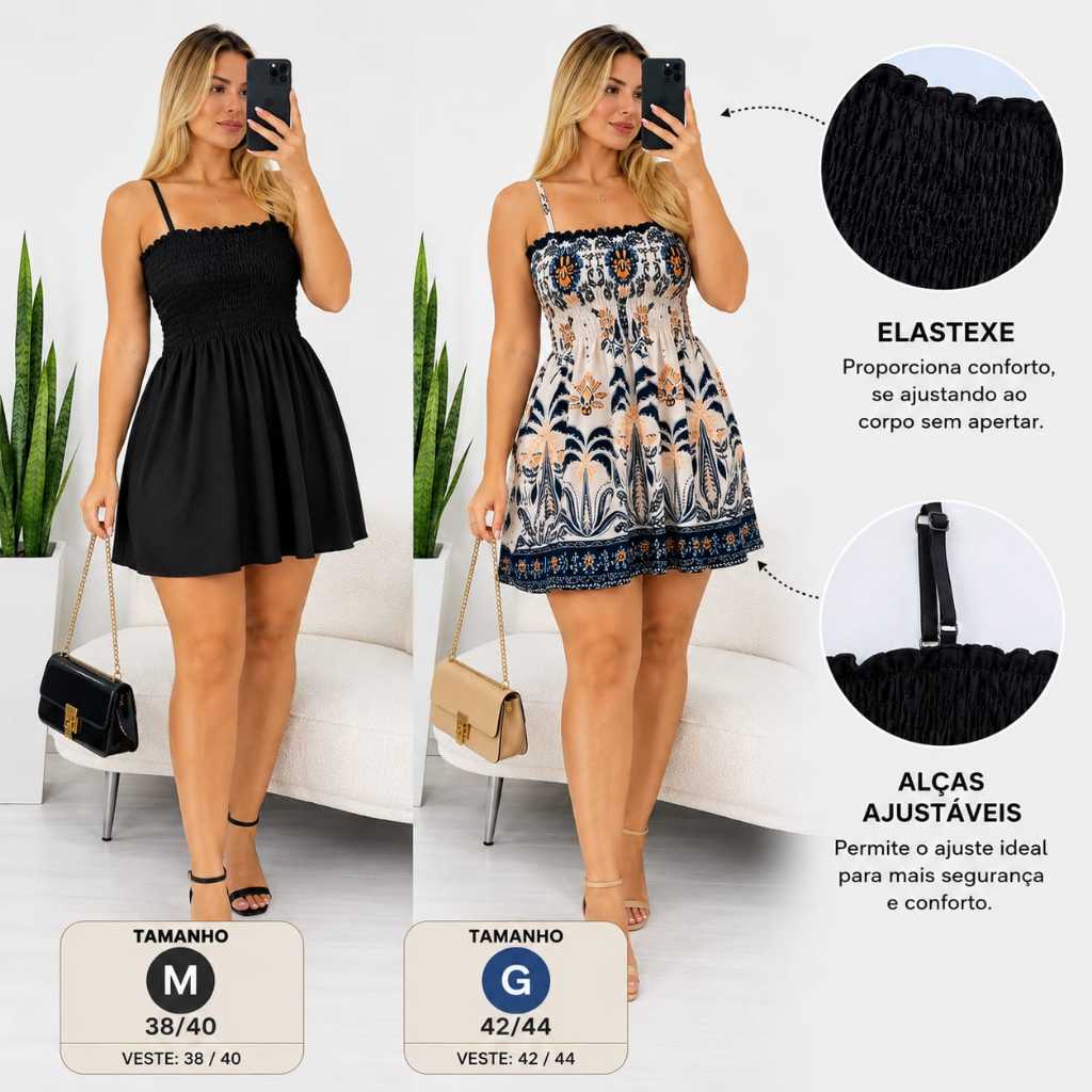 Vestido Feminino Curto Estampado Com Alça De Regulagem e Elastex PROMOÇAO