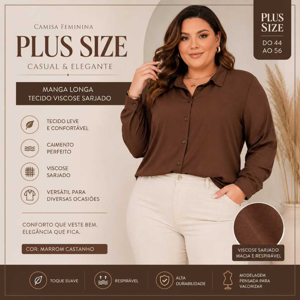 CAMISA FEMENINA PLUS SIZE CASUAL E ELEGANTE MANGA COMPRIDA TECIDO VISCOSE SARJADO LISA,LEVE E CONFORTAVEL