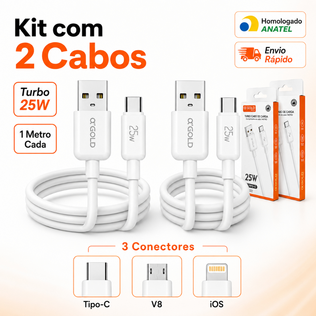 Cabo De Carregador Kit Com 2 Cabos Tipo-C/V8/Iphone 25w Premium Turbo Carga Rapida