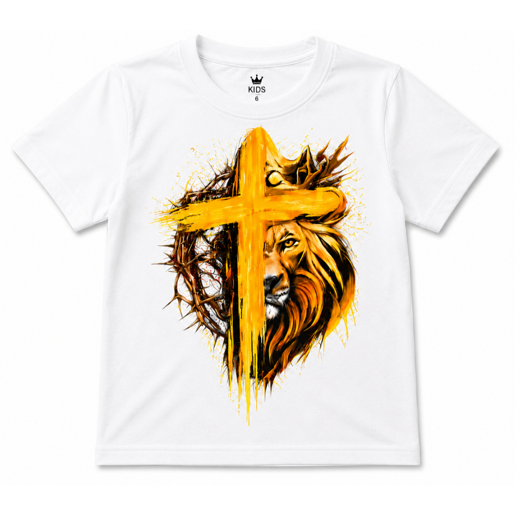 Camiseta Infantil Masculina Leão Cruz Cristã Algodão Estampada Gospel Menino Confortável  Infantil