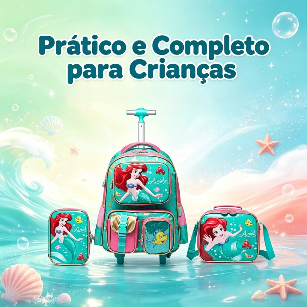 Kit Mochila Rodinha Sereia Ariel Disney Escolar Lancheira Estojo
