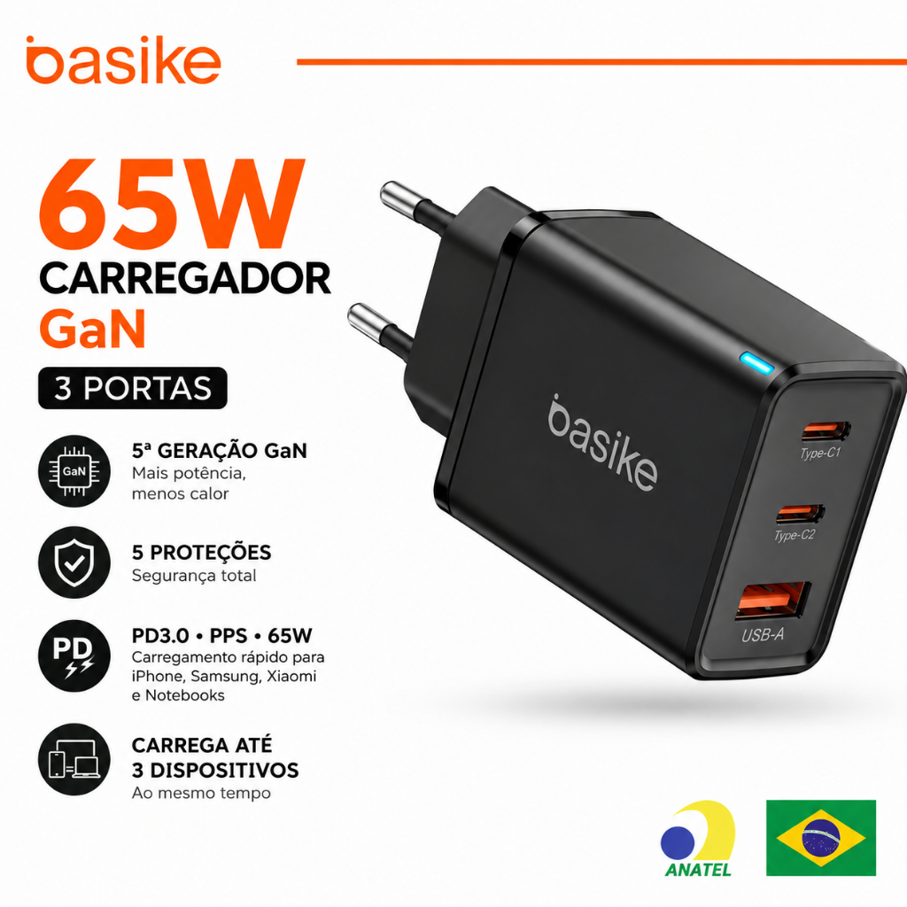 Basike Carregador de Parede GaN 65W Turbo PD3.0 PPS 2 USB-C + USB-A Carga Rápida