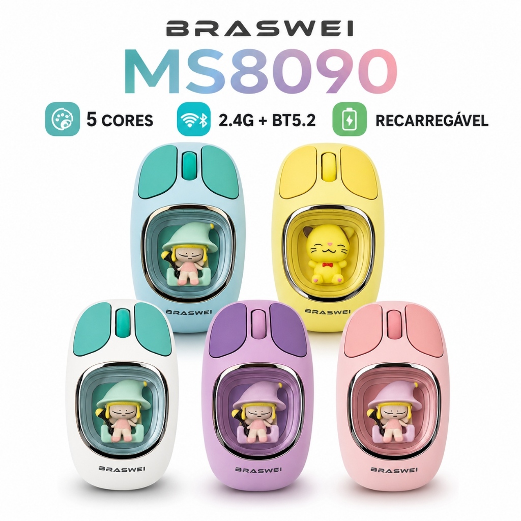 Mouse Sem Fio Bluetooth Kawaii Recarregável BRASWEI MS8090