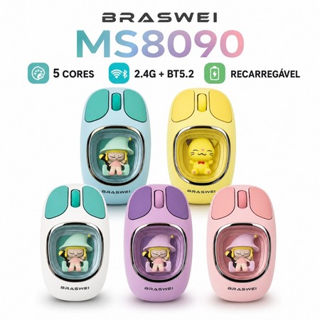 Mouse Sem Fio Bluetooth 5.2 Recarregável USB-C Silencioso 3 Modos com Receptor 2,4G MS8090 BRASWEI