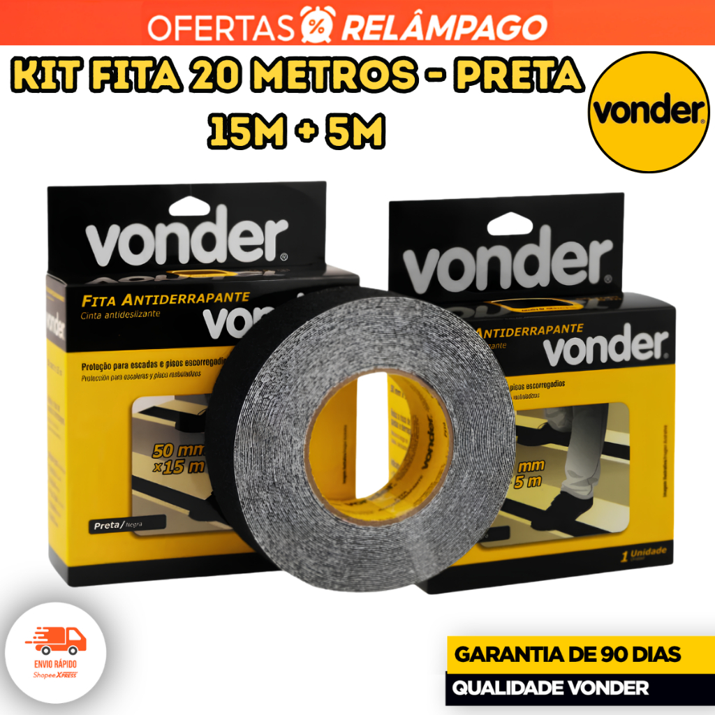 Kit Fita Antiderrapante 20 Metros Preta Vonder (Rolo de 15m + 5m) Oferta Resiste