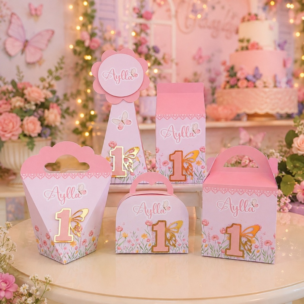 Kit De Caixinhas Jardim Encantado das Borboletas Rose | Lembrancinha | Aniversário | Decoração de Festa | Pegue e Monte