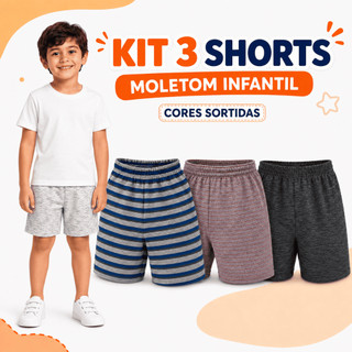 KIT 3 SHORTS MOLETOM BERMUDA MENINO INFANTIL JUVENIL CORES SORTIDAS TAM 4,6,8,10,12 ACABAMENTO DE QUALIDADE