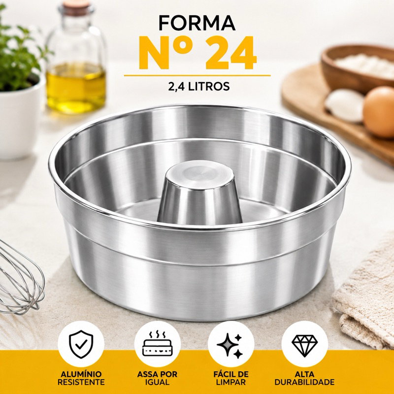 Forma de Bolo Vulcão Pudim Alumínio 2,4L Furo Central Alta Resistente 24cm