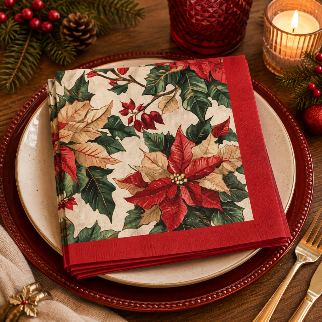 Guardanapo de Papel Flores Natalinas Vermelho 32,5x32,5 cm 20 Folhas Cromus – Inspire Sua Festa Loja
