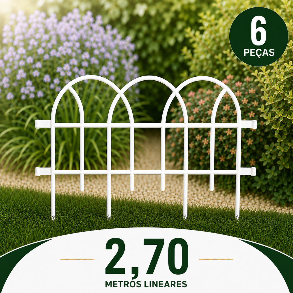 Kit 6 Cercas de Jardim Modelo Romana – Branca | 45cm x 22cm + Haste 12cm (Total 2,70m lineares)