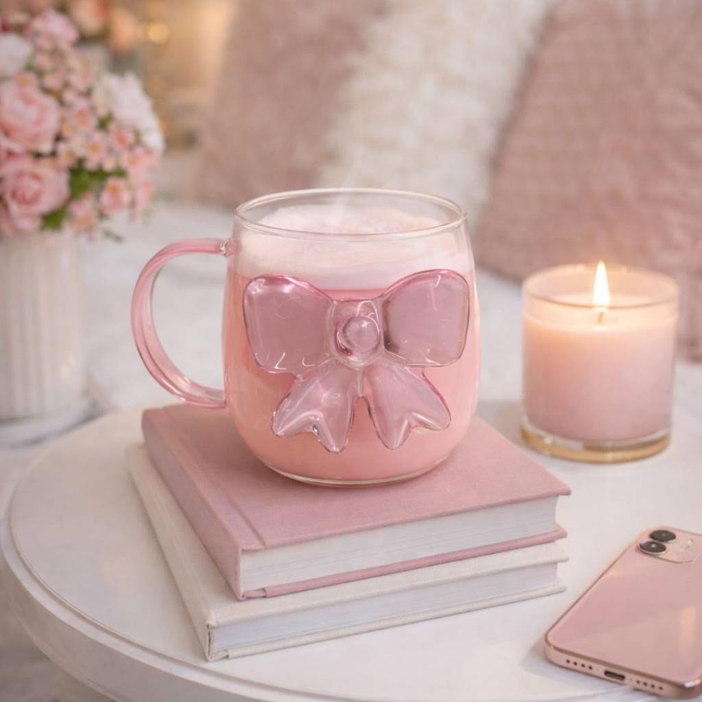 Caneca de Vidro Borossilicato com Laço Rosa 3D – 400m