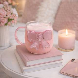 Caneca de Vidro Borossilicato com Laço Rosa 3D – 400m