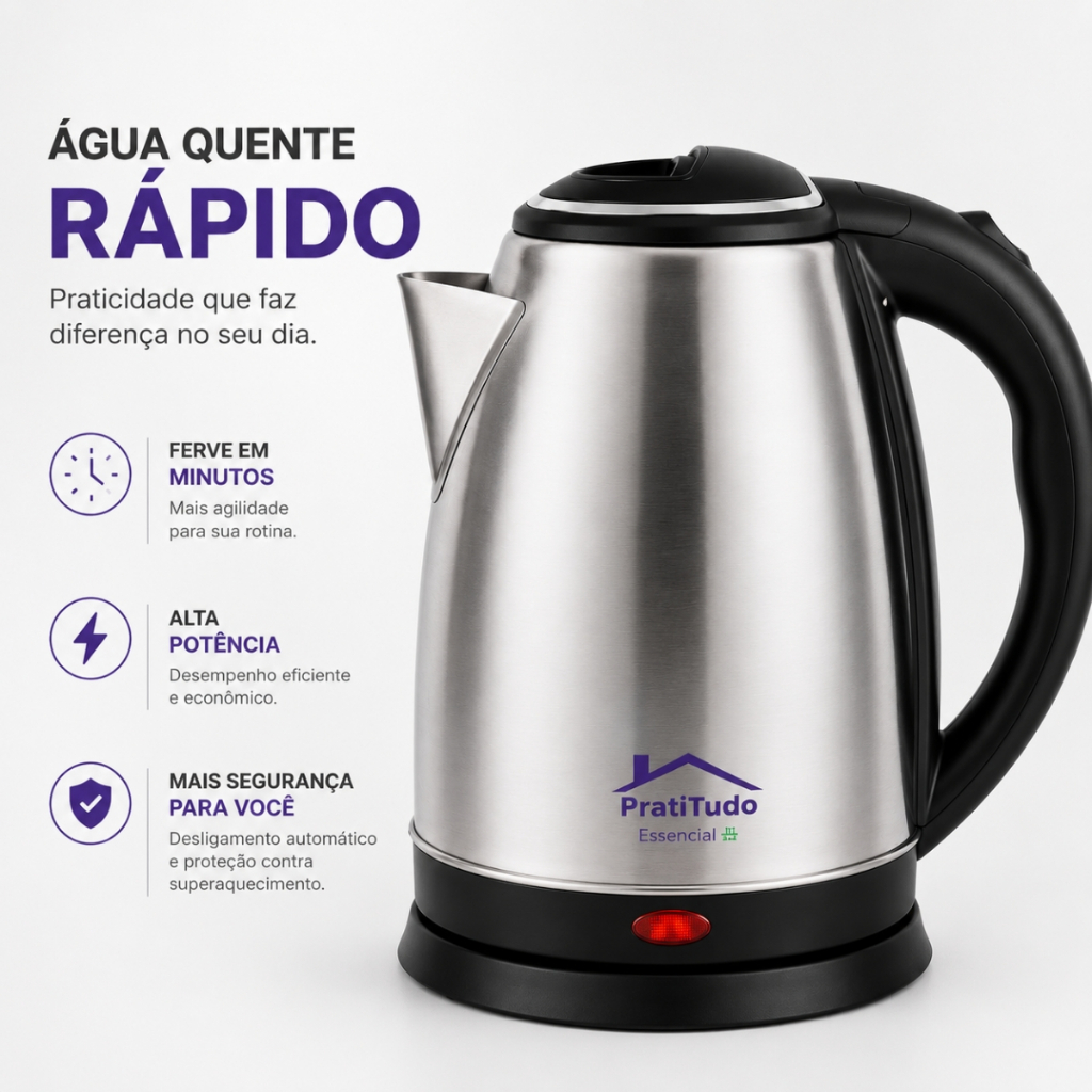 Chaleira Elétrica Inox 1,8L 1000W ou 1200W Desligamento Automático - Bule Jarra Cafeteira Elétrica Aquece Água Rápido