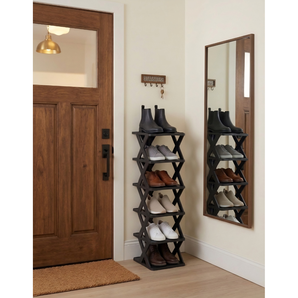 Organizador Vertical 6 Níveis em Plástico, Design Compacto, Alta Capacidade, Preto, 83 x 26 x 26 cm