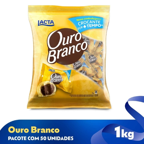 Bombom Ouro Branco Lacta 1kg ou 20 Unidades- Recheio Cremoso e Cobertura Crocante, Ideal para Compartilhar