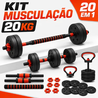 Kit Treino Funcional 20kg Musculação Barra Halteres Anilhas Supino Kettlebell Peso Ajustável