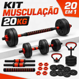 Kit Treino Funcional 20kg Musculação Barra Halteres Anilhas Supino Kettlebell Peso Ajustá…