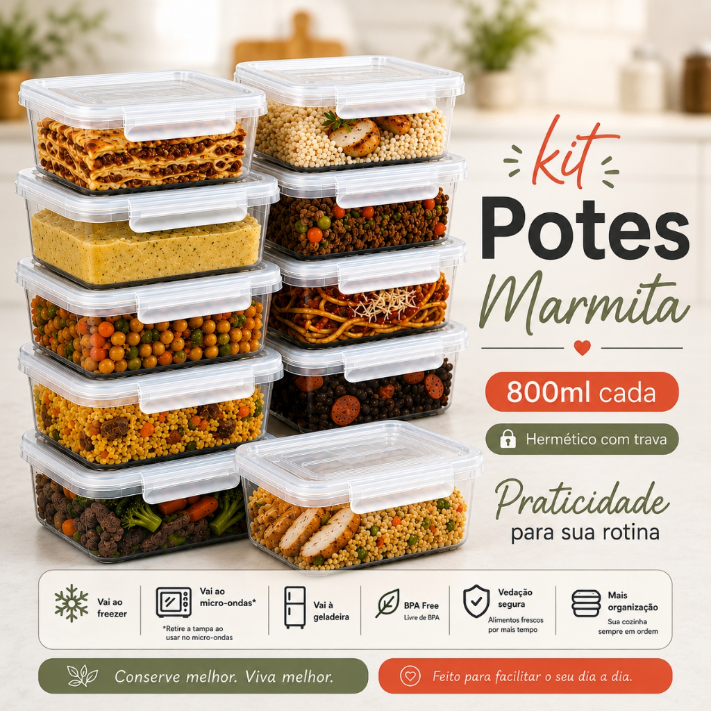 Kit marmitas potes 800ml com trava Marmita fitness lavavel Alimentos organizadores de congelador
