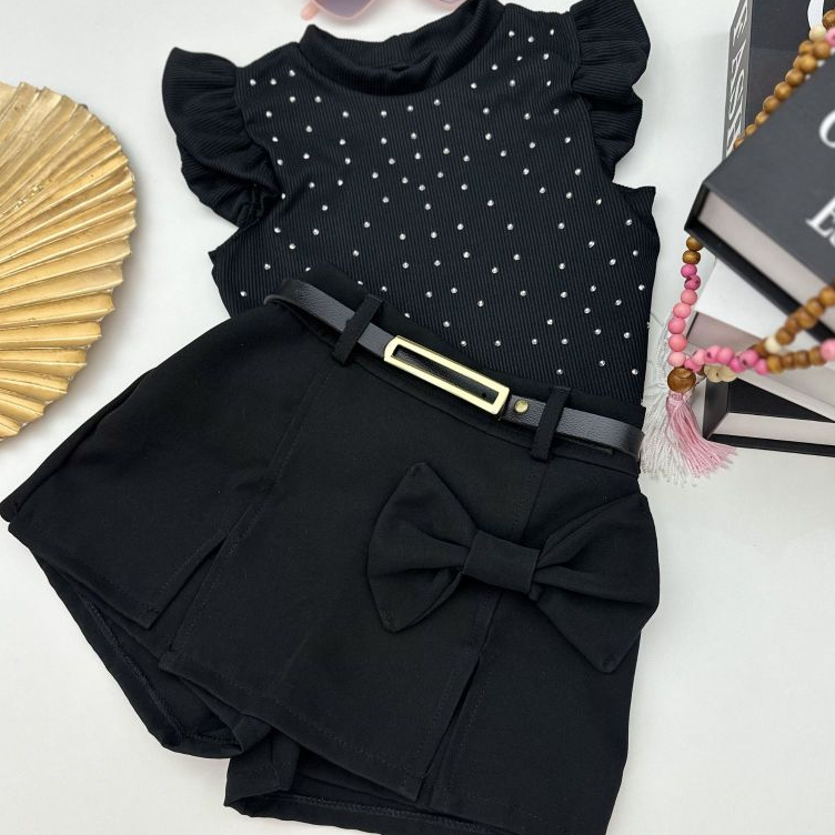 Conjunto Infantil menina blogueirinha, short saia alfaiataria blusa canelada pedraria strass estilosa festa e passeio>)