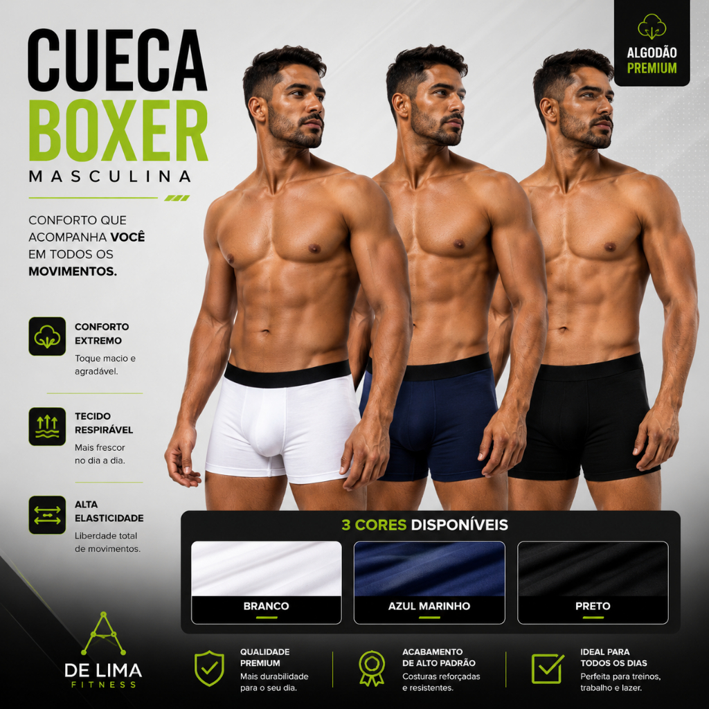 Cueca Boxer Masculina Microfibra Frente Dupla Elástico Preto Confortável Dia a Dia