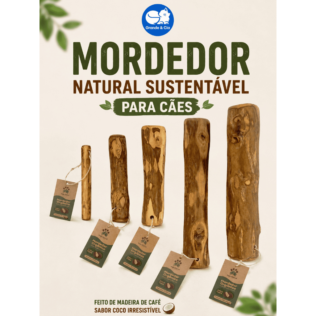 Mordedor Natural para Cachorro Madeira de Café Sabor Coco Brinquedo Sustentável Antiestresse Limpa Dentes Pet