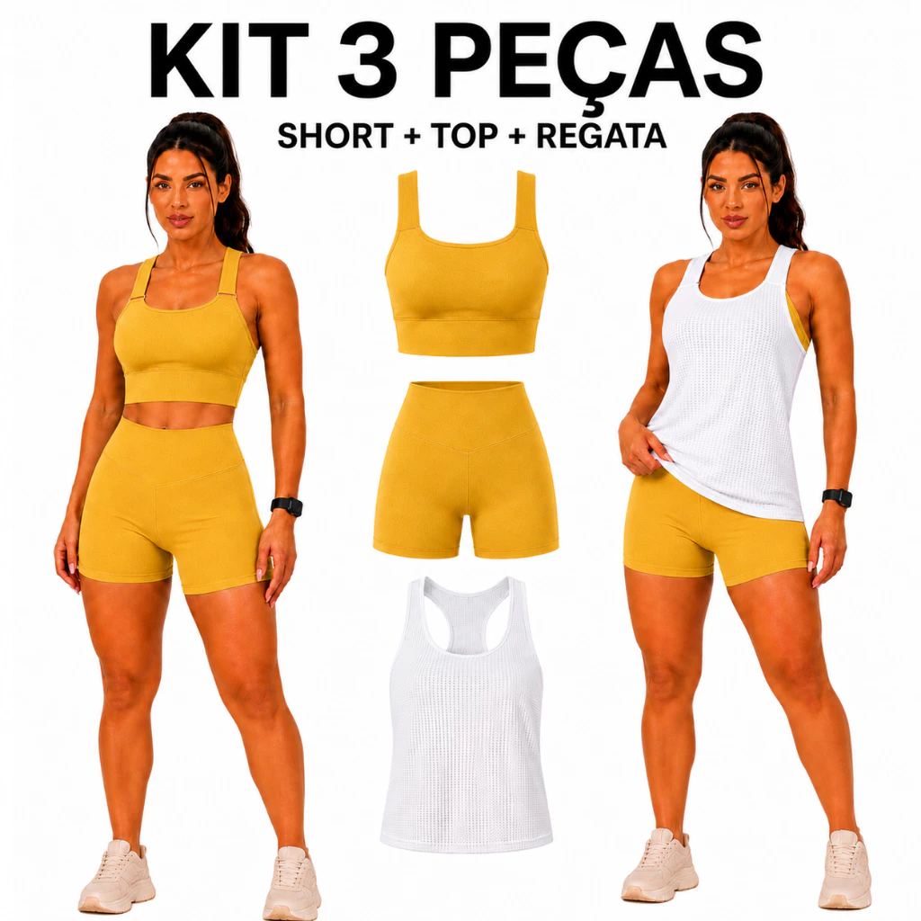 KIT 3 Conjuntos Feminino Esportivo 3 Peças Short Top Regata Para Academia Corrida E Caminhada — imagem 1