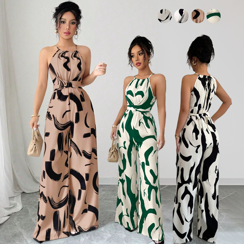 Macacão Feminino com Pernas Largas e Cintura com Laço Estampa Abstrata Cintura Marcada Tecido Leve