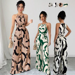 Macacão Feminino com Pernas Largas e Cintura com Laço Estampa Abstrata Cintura Marcada Tecido Leve