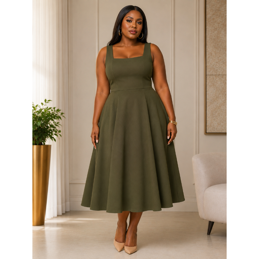 Vestido Elegante Feminino Midi Decote Quadrado Cintura Marcada Moda Feminina
