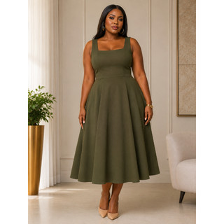 Vestido Elegante Feminino Midi Decote Quadrado Cintura Marcada Moda Feminina
