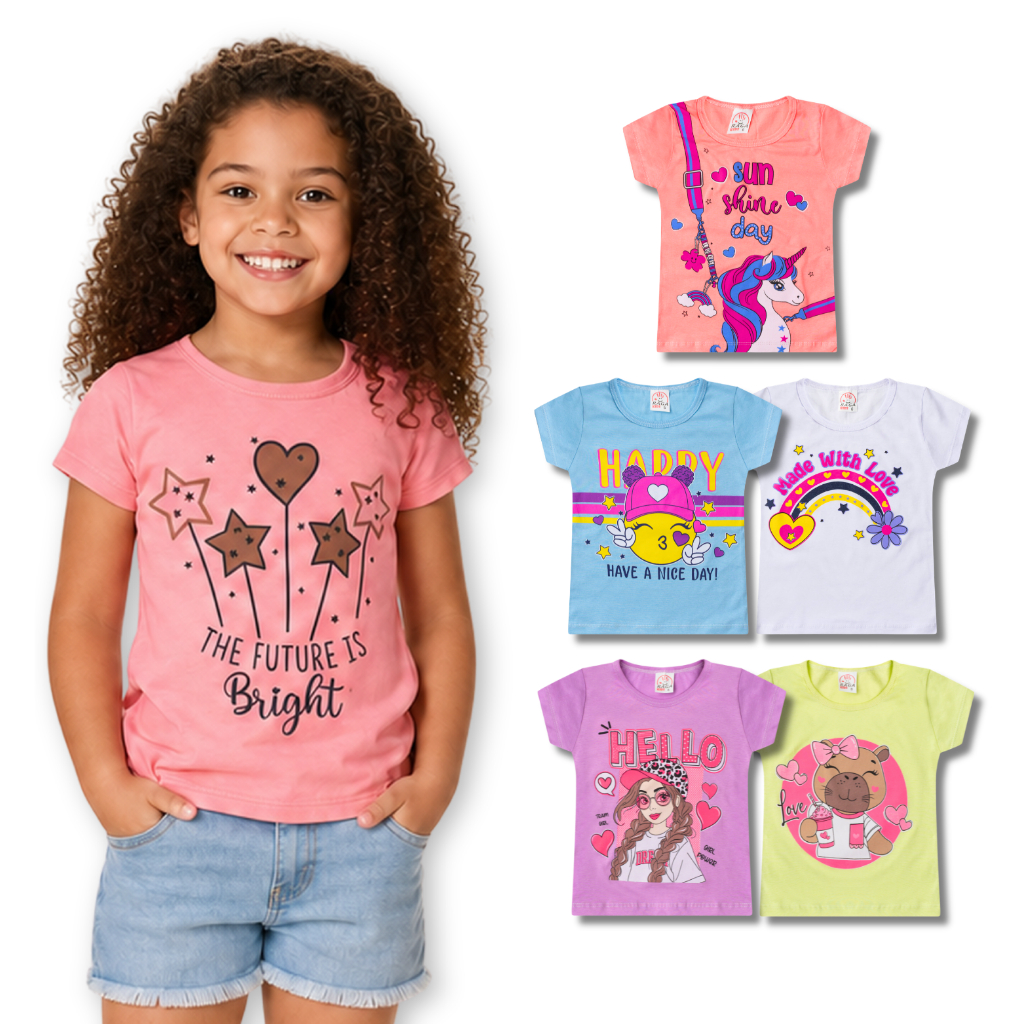 Kit 5 Camisetas Femininas Infantil e Juvenil Manga Curta Estampadas Sortidas do Tamanho 1 ao 14