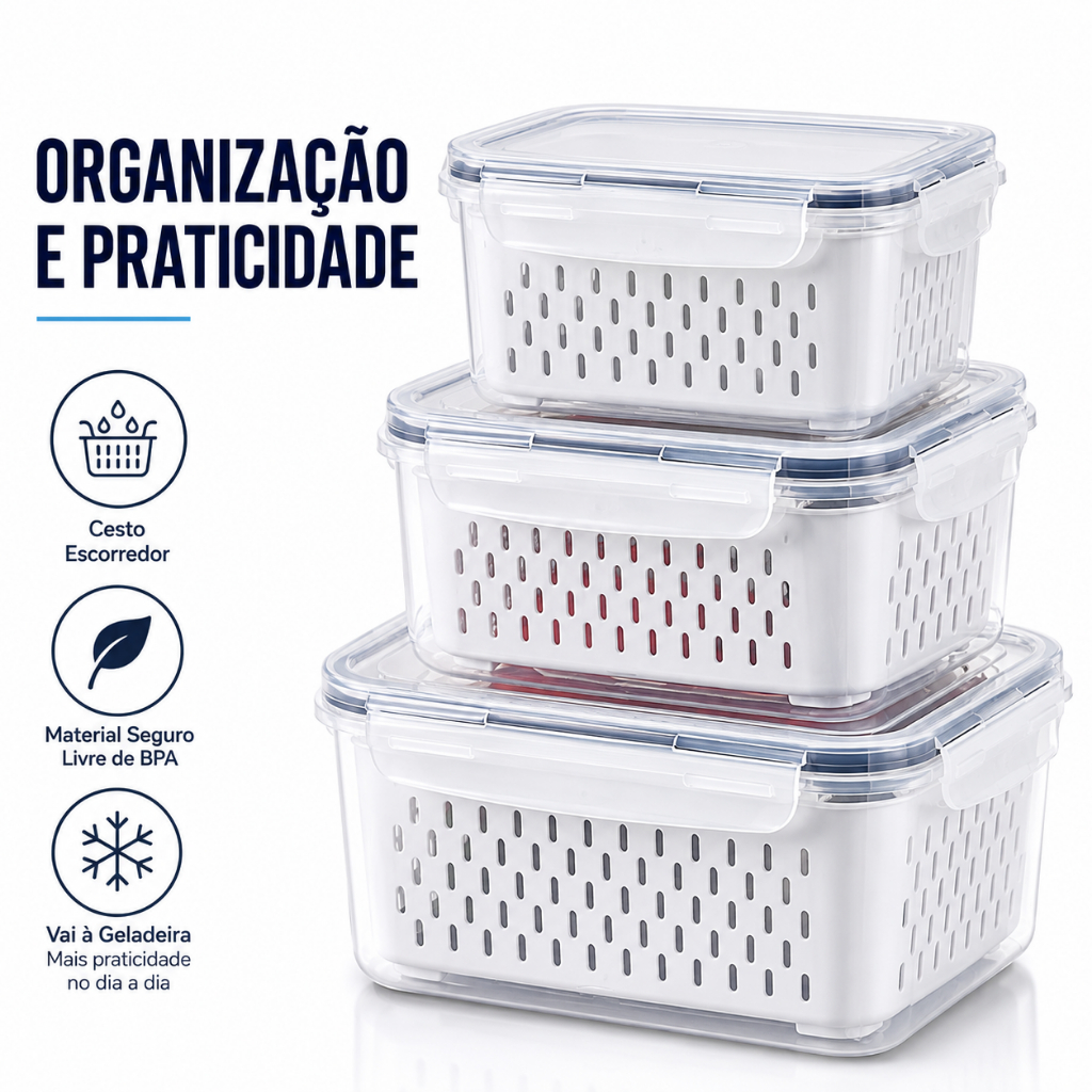Kit 3 Potes Herméticos Cesto Escorredor Organizador Geladeira Frutas Verduras Bpa Empilhável Vedação