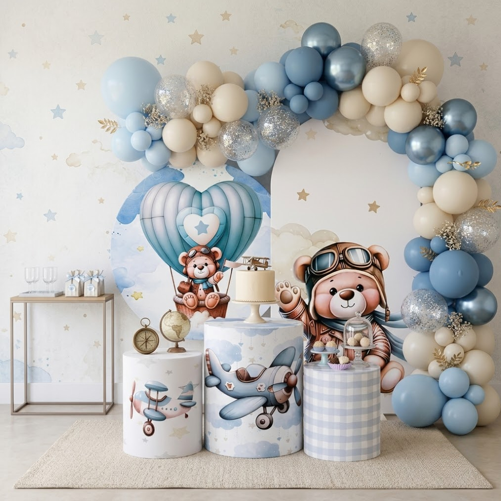 Capa Painel Redondo Romano Trio Cilindros Decoração Festa Ursinho Aviador Infantil Menino Lançamento