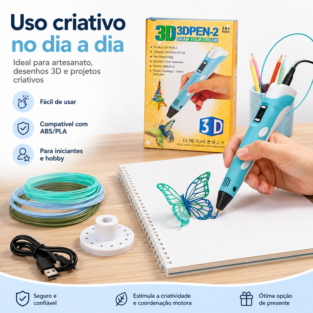 Caneta 3D 3D Pen-2 para Desenho e Modelagem com Display, Filamentos ABS/PLA 1,75 mm e Suporte – Kit Completo