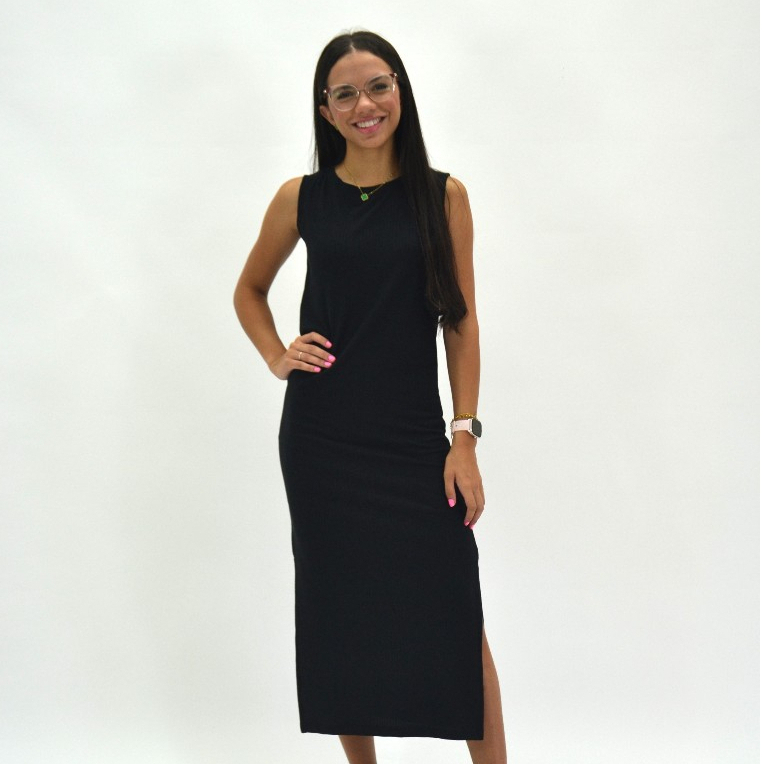 Vestido Juvenil Feminino Canelado Longo com Fenda