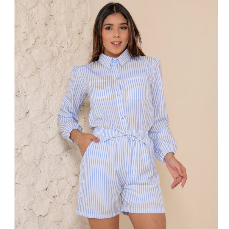 Conjunto Feminino Listrado Menina Infantil Juvenil - Camisa e Short