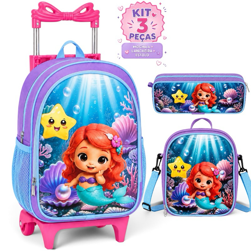 Kit Escolar Rodinha Sereia Mochila Forro Interno Lancheira Térmica + Estojo - Resistente - Menina