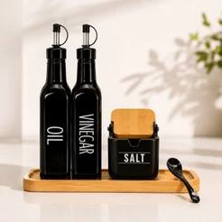 Galheteiro Azeiteiro Saleiro Vinagreiro Preto Tampa de Bambu Black Vinagre Oleo Azeite Sal Madeira Cozinha Preta