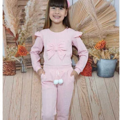 Conjunto Infantil Menina Rugão Premium com Laço e Pérolas – Blusa e Calça Confortável