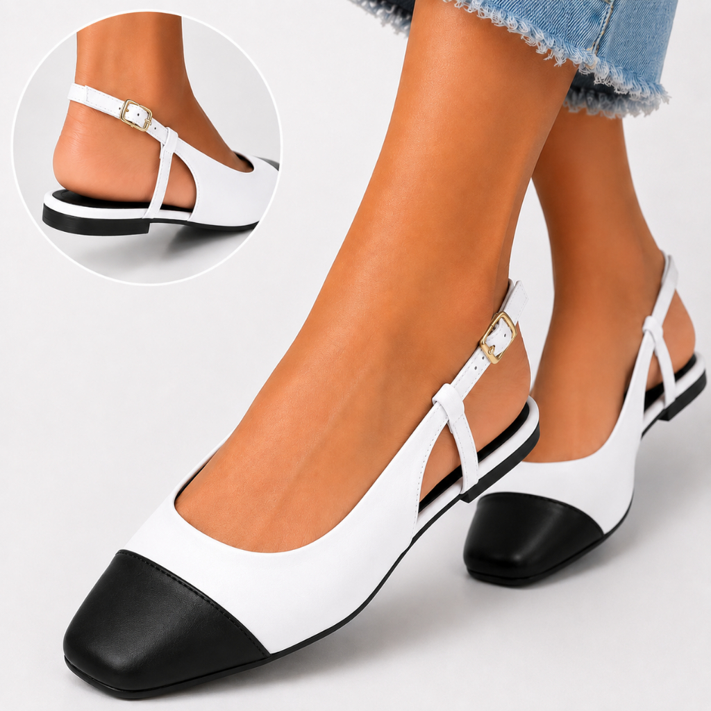Sapatilha Slingback Feminina Bico Quadrado Preto e Branco Confortável Elegante