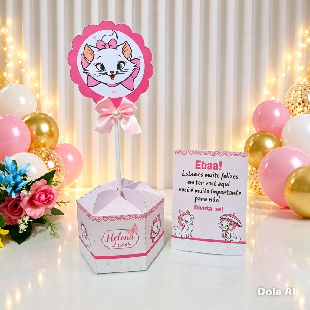 Centro de mesa Plaquinha Gatinha Marie  Lembrancinha  Aniversário Festa Infantil  Personalizado