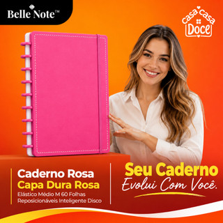 Caderno Rosa Capa Dura Rosa com Elástico Médio M 60 Folhas Pautadas e 20 Folhas em Branco Folhas Reposicionáveis